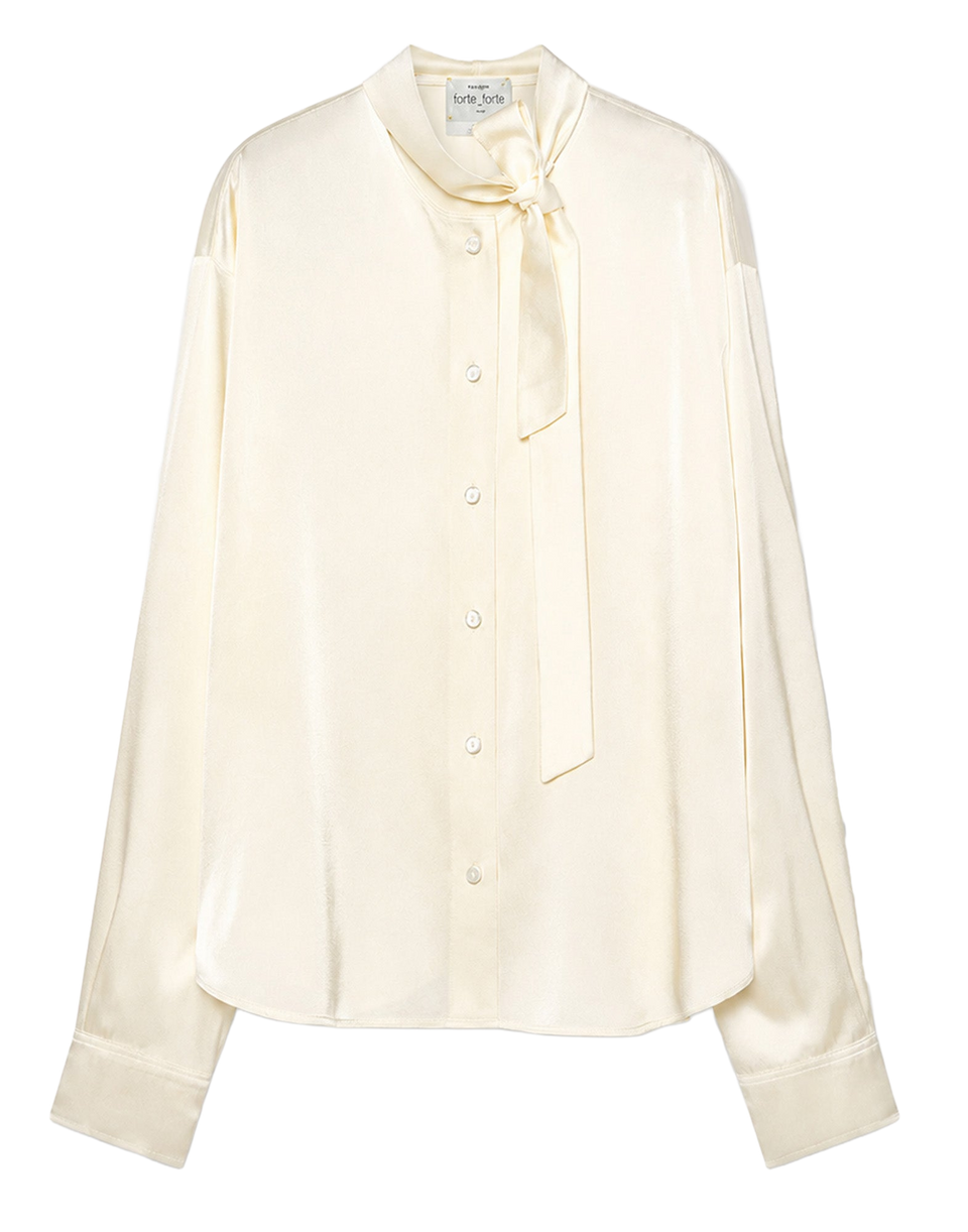 FORTE FORTE Camicia in Satin di Seta Stretch con Fiocco Avorio