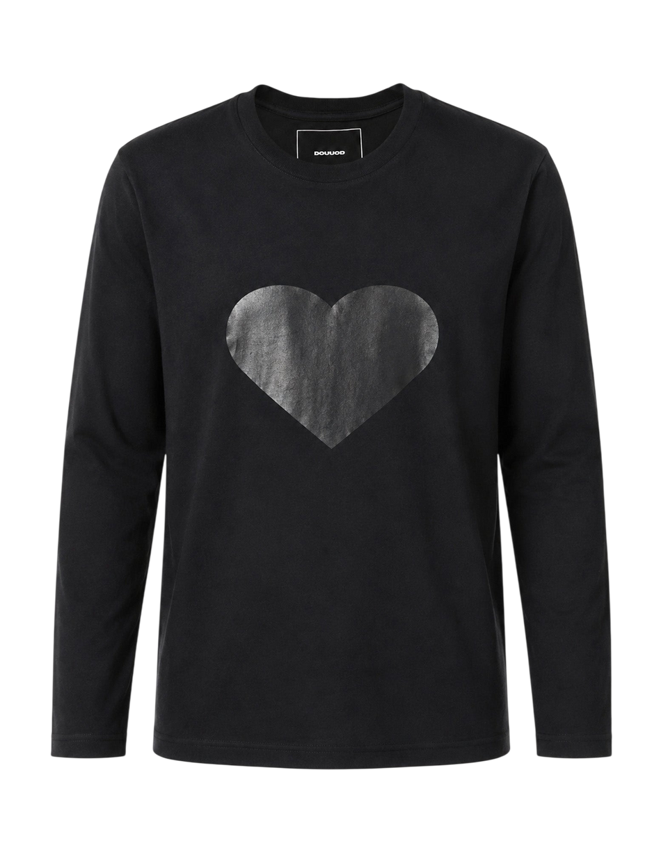 DOUUOD T-shirt manica Lunga in Jersey di Cotone Stampa "Cuore" Nero