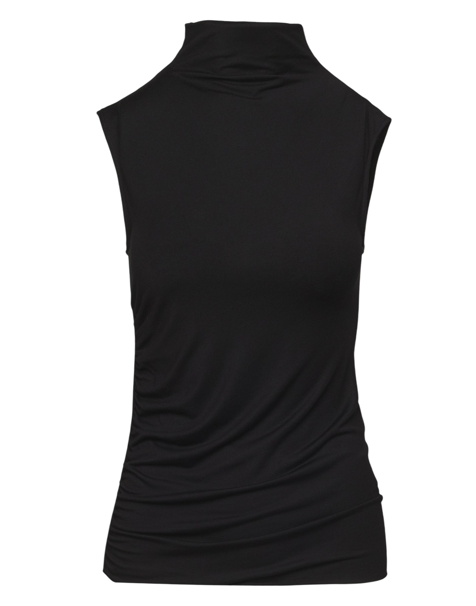 DOUUOD Top Smanicato con Drappeggio al Fianco e Collo Lupetto Nero