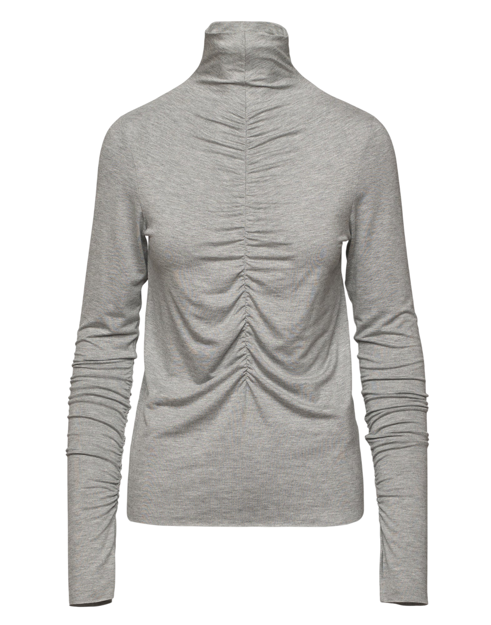 DOUUOD T-Shirt Collo Alto con Drappeggio Frontale e Maniche Lunghe Grigio Perla Melange