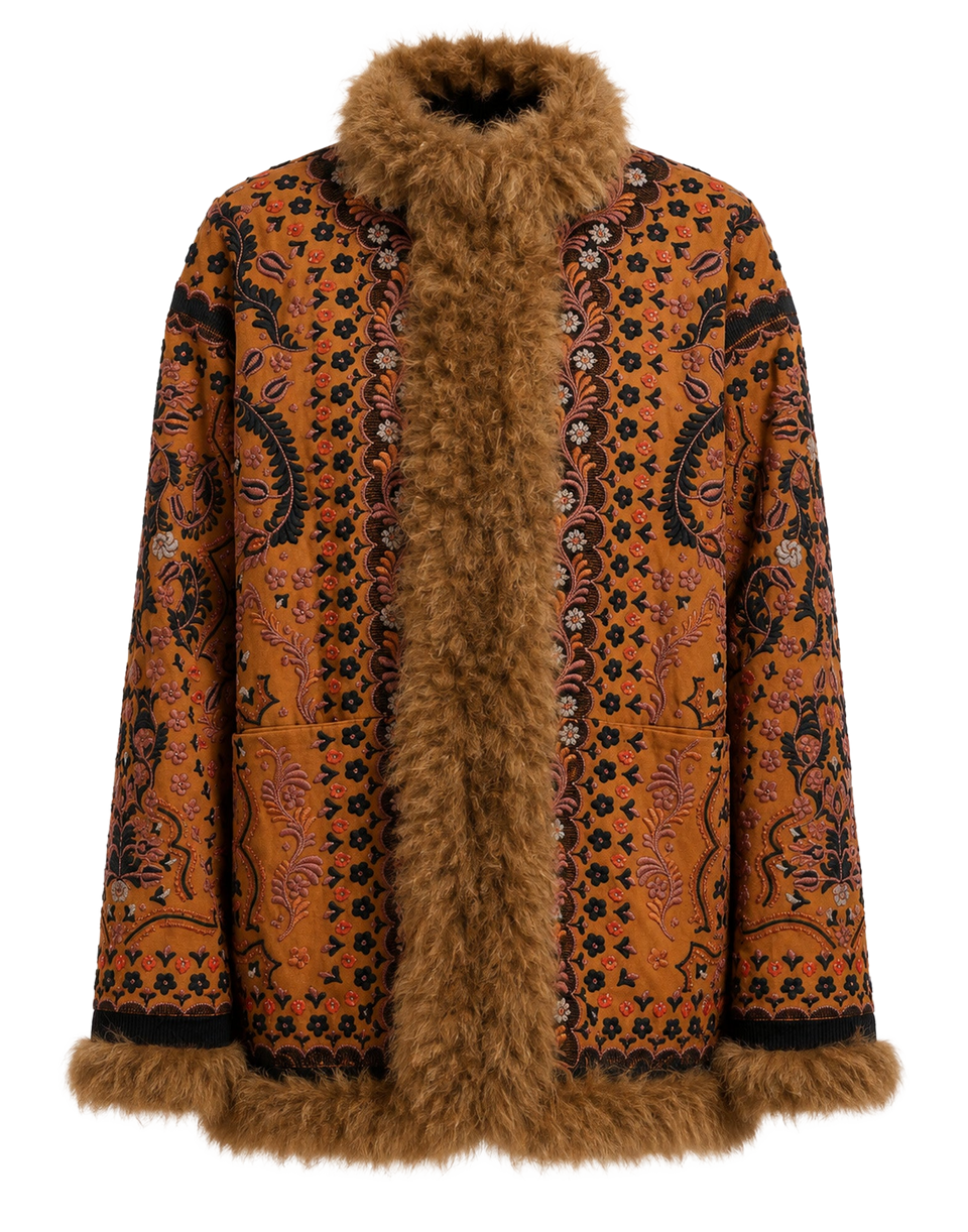 ANTIK BATIK Giacca Ricamata con Pelliccia Camel