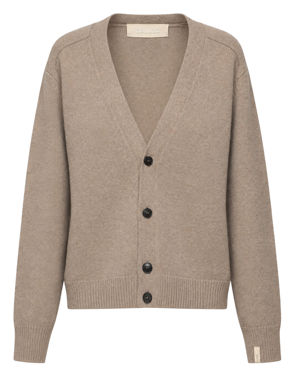 DOUUOD Cardigan Genderless con Scollo a V e Maniche Raglan in Lana e Cashmere Taupe
