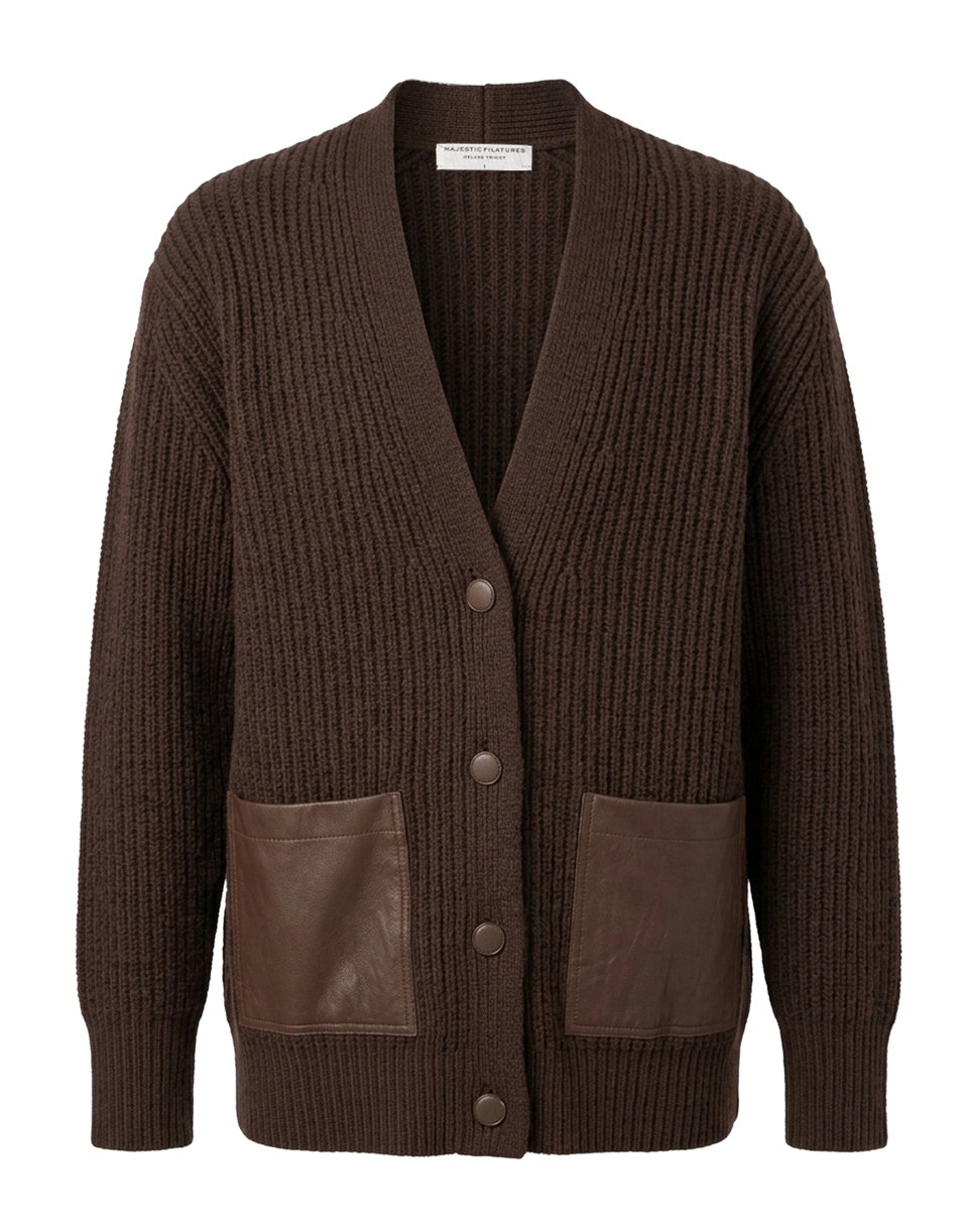 MAJESTIC FILATURES Cardigan in Lana Merino con Tasche in Eco Pelle Chocolate