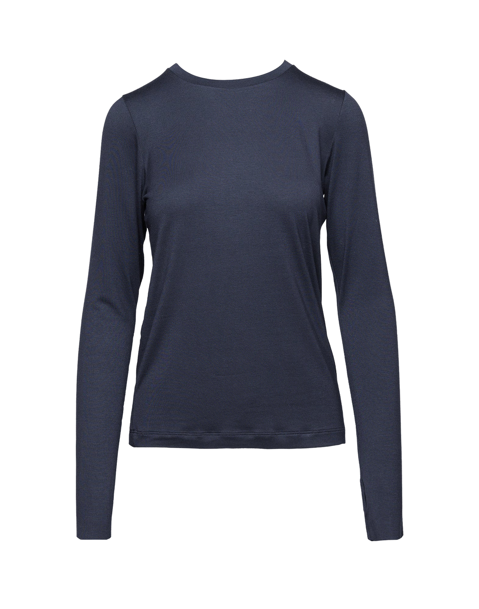 DOUUOD T-shirt a Maniche Lunghe in Jersey di Viscosa Stretch Oltremare