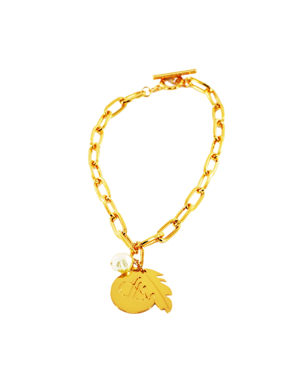 DOUUOD Collana con Ciondolo Logo, Piuma e Perla Barocca Oro