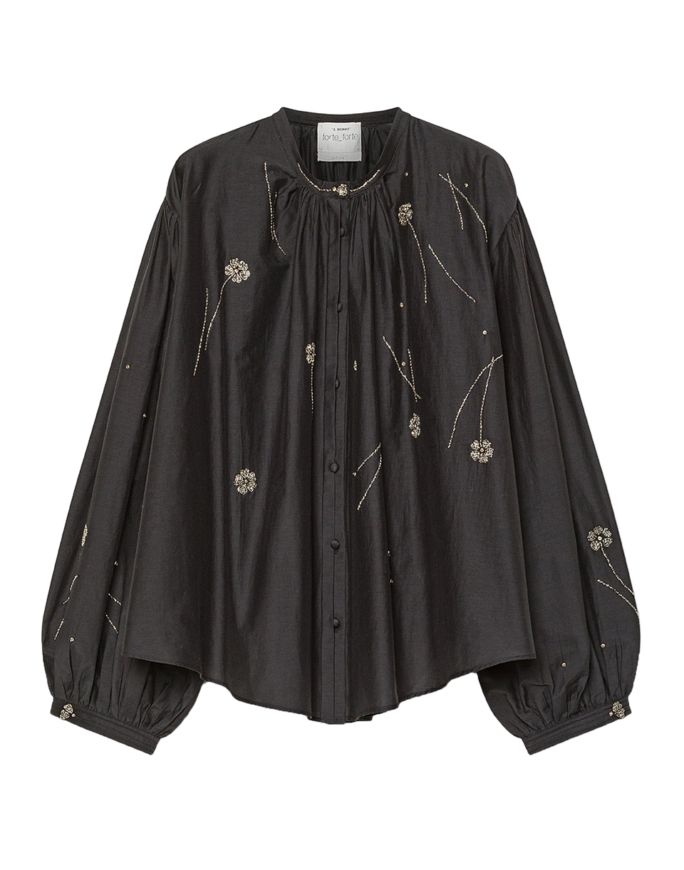 FORTE FORTE Camicia Bohemien “Fleurs d'Orient” in Voile Nero