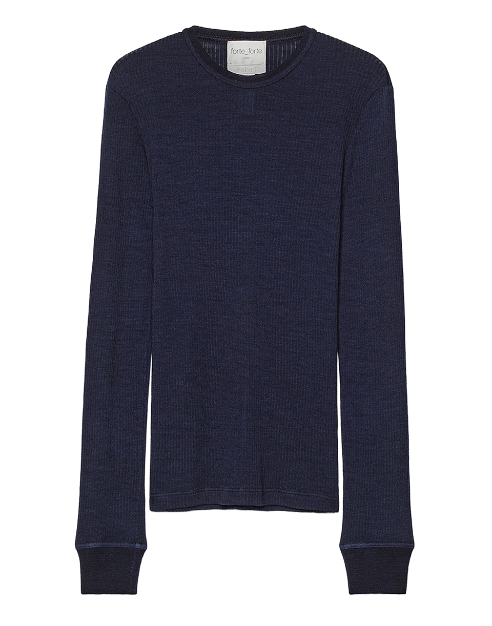 FORTE FORTE T-Shirt Girocollo in Jersey di Lana a Costine Blu Notte