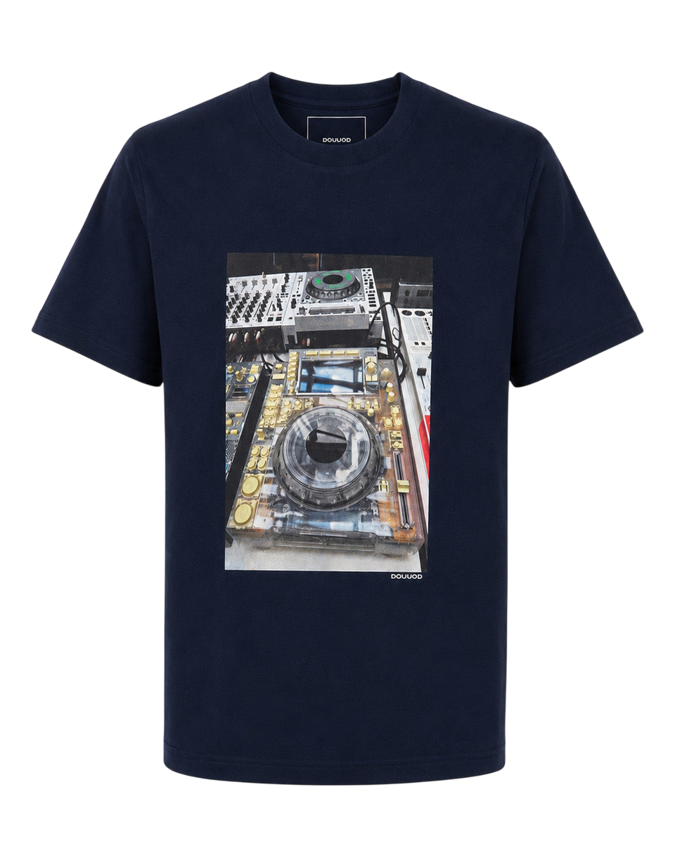 DOUUOD T-shirt in Jersey di Cotone Stampa "Console DJ" Navy