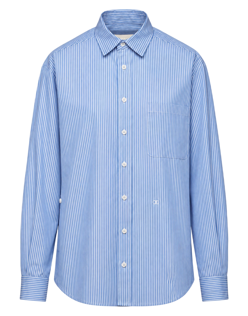 DOUUOD Camicia Genderless con Ricamo e Bottone Laterale a Righe Bianco/Azzurro