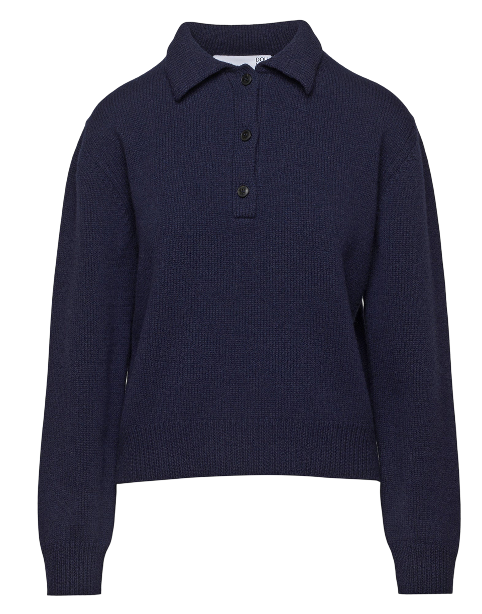 DOUUOD Maglia Polo Cropped in Lana e Cashmere Oltremare