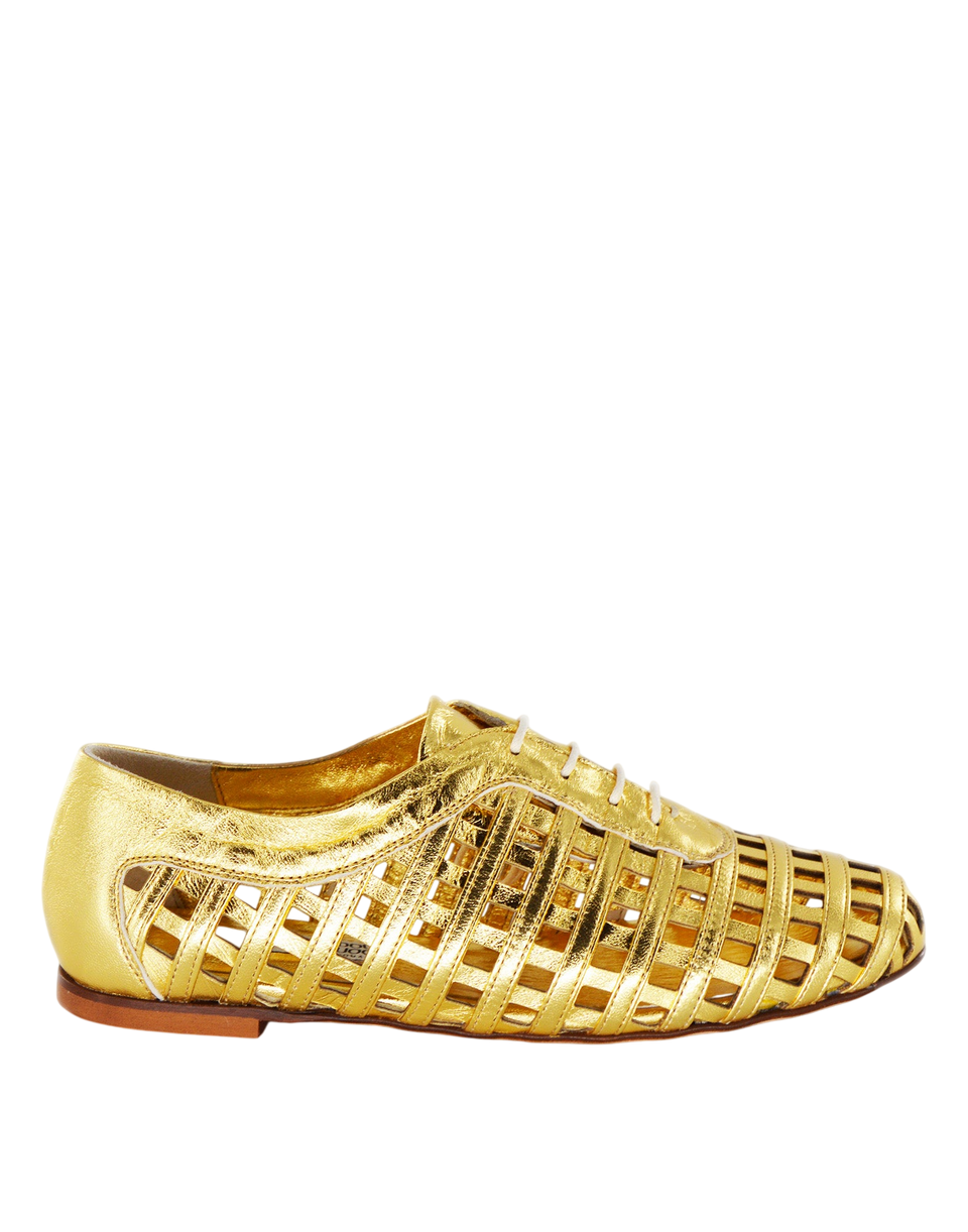DOUUOD Derby Traforati in Pelle Laminata Oro