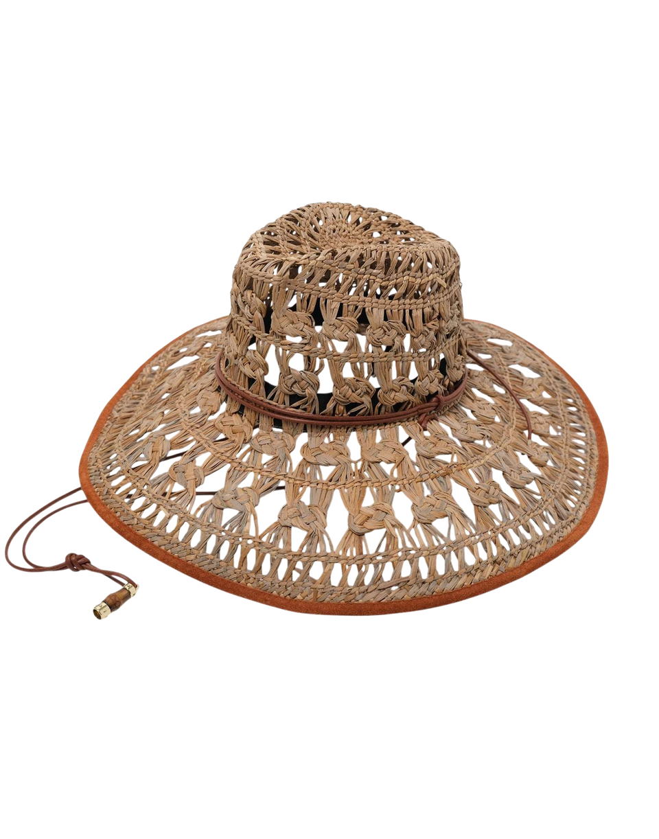 CATARZI Fedora Ampia in Paglia con Cinturino e Lacci Naturale/Cuoio
