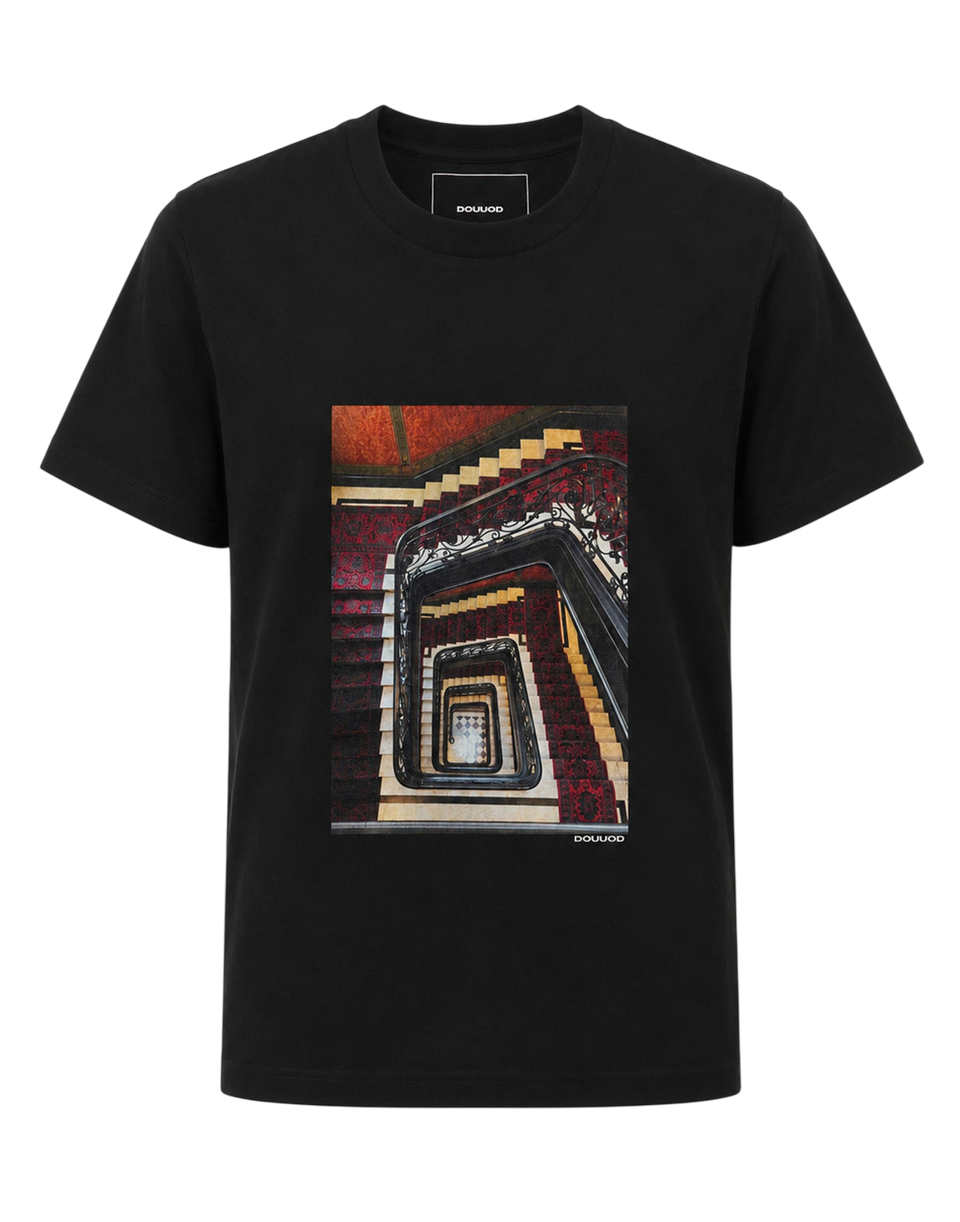 DOUUOD T-shirt in Jersey di Cotone Stampa "Stairs" Nero