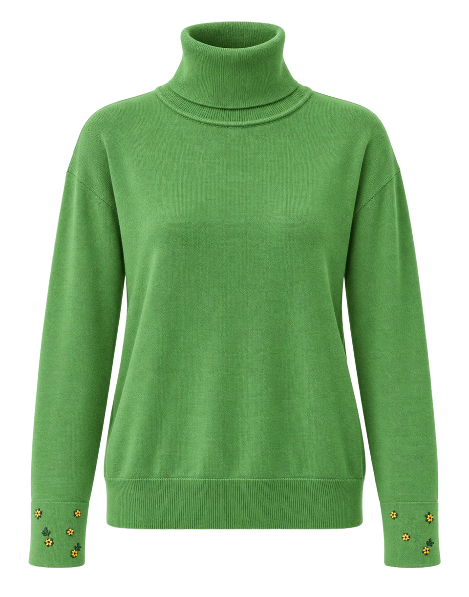 MII Maglione Collo Alto in Lana Merino con Ricami Verde