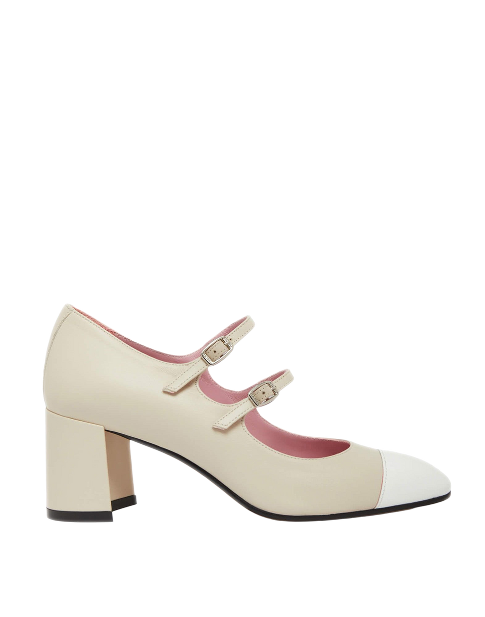 CAREL Décolleté Mary Jane Cherry in Pelle Beige e Vernice Bianca